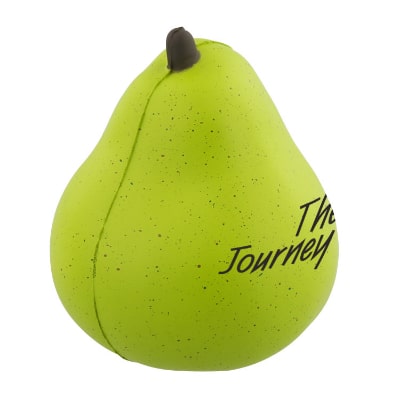Foam pear stress ball printed with promotional imprint.