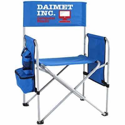 Full color imprinted royal blue director's folding chair with side pockets.