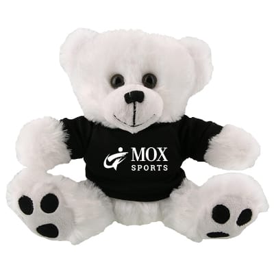 Plush and cotton white bear with black shirt with branded logo.
