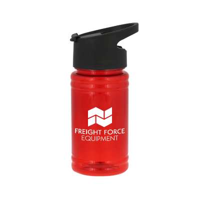 Upcycle plastic red water bottle with pop up sip lid and custom branding in 16 ounces.
