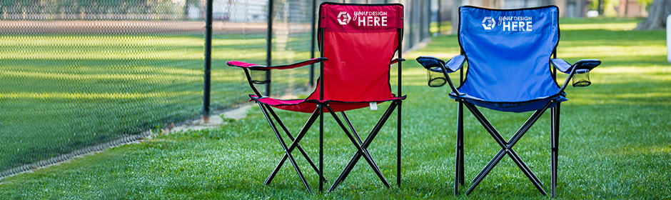 Red and blue folding chairs with white imprints