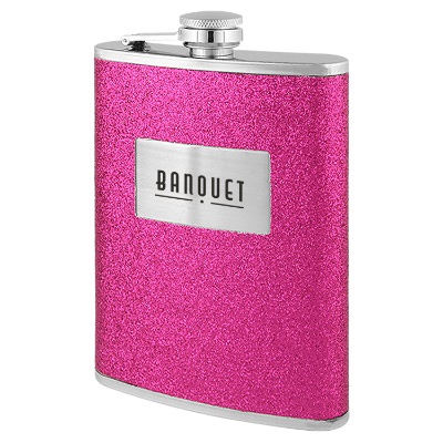 Pink flask with custom imprint in 8 ounces.