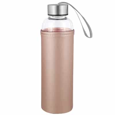 Glass water bottle with rose gold metallic sleeve blank in 18 ounces.