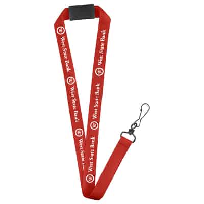 3/4 inch red satin polyester custom print lanyard with breakaway and black j-hook.