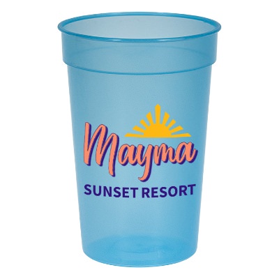 Plastic frosted to red sun altering stadium cup with promotional imprint in 17 ounces.