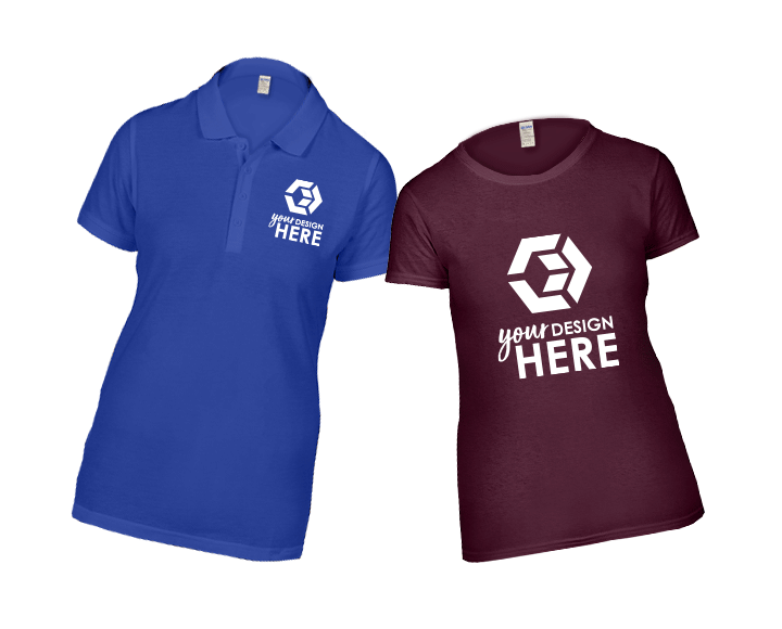 Custom women's apparel blue polo with white imprint and maroon t-shirt with white imprint