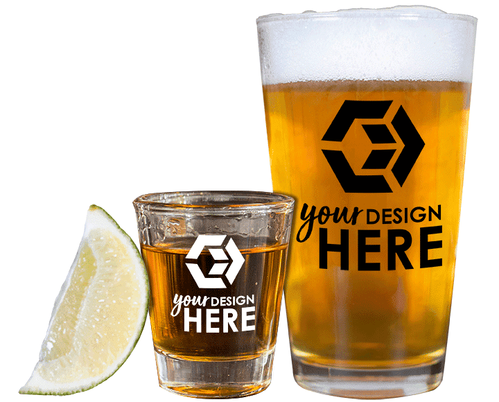 Shot glass with white imprint and pint glass with black imprint