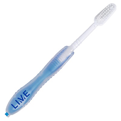 Blue plastic toothbrush with a personalized imprint.