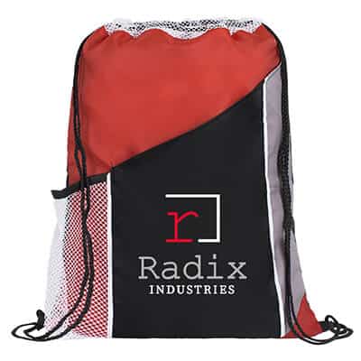 Polyester tri-color drawstring with full-color custom logo and two front pockets.