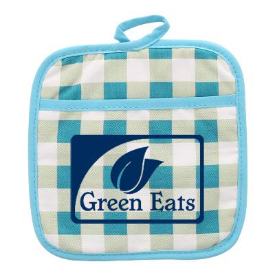 Blue plaid therma-grip pocket pot holder with personalized logo.