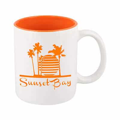 Ceramic white with orange coffee mug with c-handle and custom branding in 11 ounces.