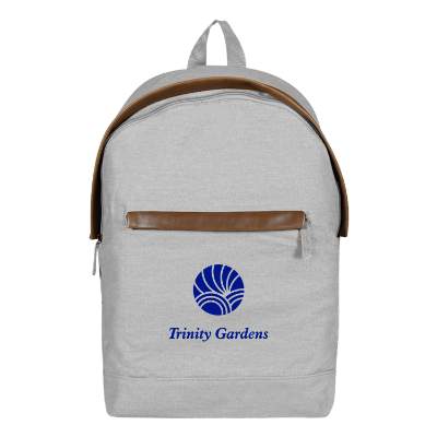 Gray cotton canvas backpack with custom logo.