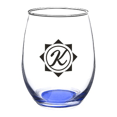 Blue wine glass with custom logo.