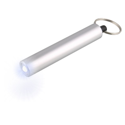 Plastic silver cylinder LED flashlight keychain blank.