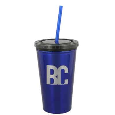Stainless steel blue tumbler with custom engraved logo in 16 ounces.