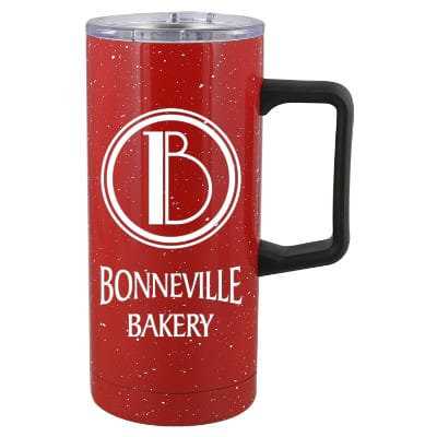 Stainless steel red tumbler with custom imprint in 17 ounces.