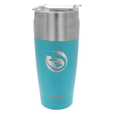 Turquoise tumbler with engraved logo.