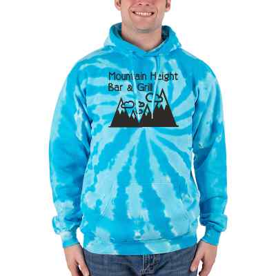 Custom turquoise tie-dye pullover hooded sweatshirt with logo.