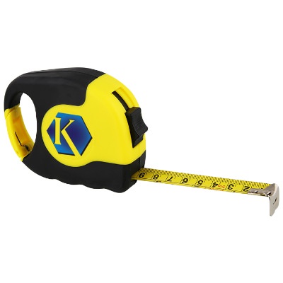 Metal and plastic yellow with black 25 foot tape measure carabiner with full color logo.