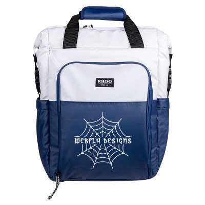 White and blue backpack cooler with custom cooler.