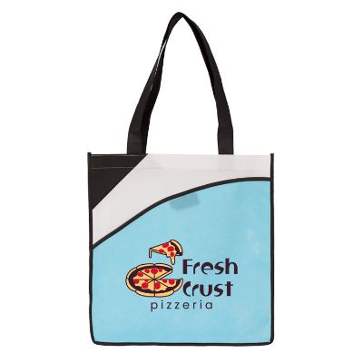 Non-woven polypropylene light blue meeting tote with custom full color logo.
