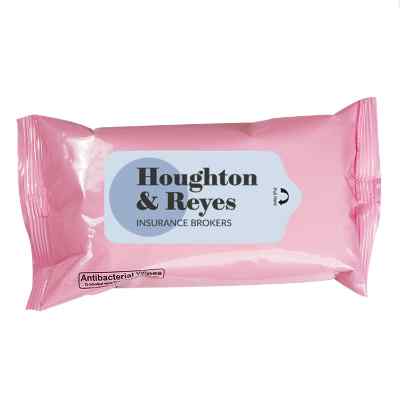 Plastic pink antibacterial wipes in pouch with customizable logo.
