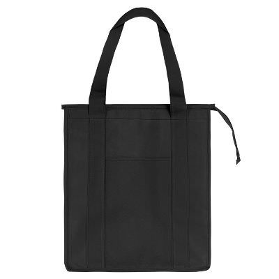 Blank polypropylene black cooler tote with 9-inch gussets and insulated lining.