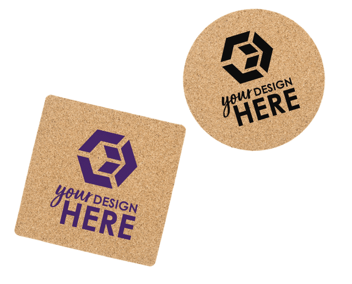 Circle custom cork coasters with purple imprint and square personalized cork coasters with black imprint 