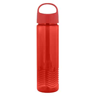 Plastic red water bottle with oval crest lid blank in 24 ounces.