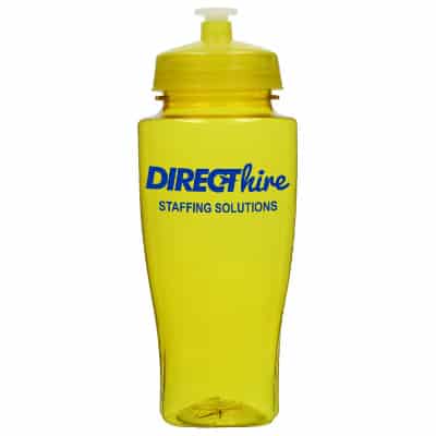 Plastic yellow water bottle with custom design and push pull lid in 24 ounces.