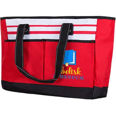 Polyester red broad space fashion tote with imprinted full color logo.