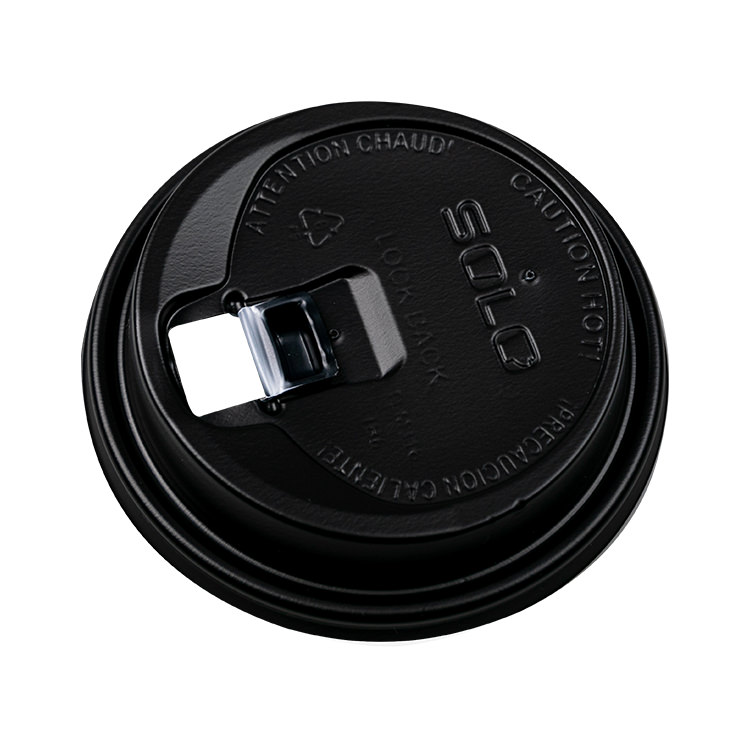 Plastic black recloseable sipper lid for paper cups.