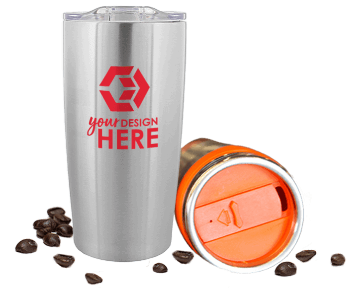 Custom coffee tumblers with red imprint and stainless steel and orange custom travel mugs