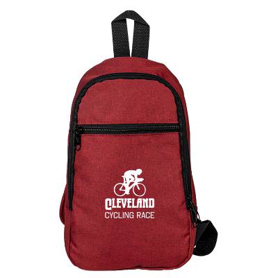 Red sling backpack with custom logo.