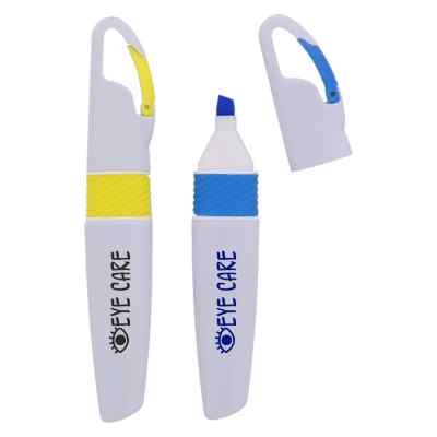 Plastic clip 'n go highlighter with branded imprinting.