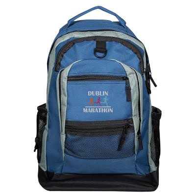 Blue deluxe backpack with embroidered logo.
