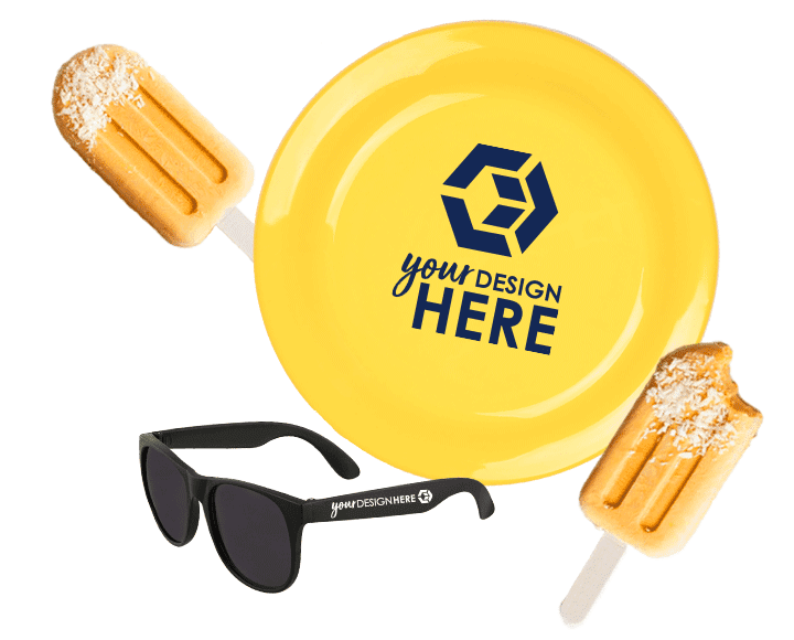 Black sunglasses with white imprint and yellow flying disc with blue imprint