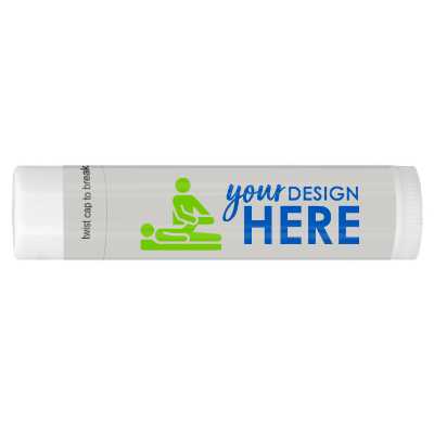 Bright blue background lip balm with a personalized logo.