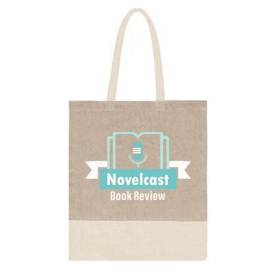 Gray color block recycled cotton tote bag with custom full-color logo.