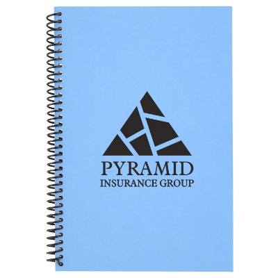 Blue recycled material notebook with custom imprint.