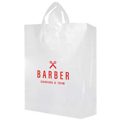 Plastic clear frosted large with handles recyclable shopper bag logoed.