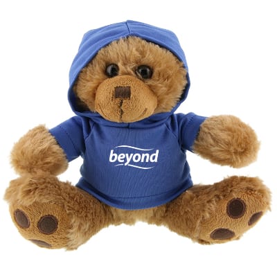Plush and cotton brown bear with royal blue hoodie with custom imprint.