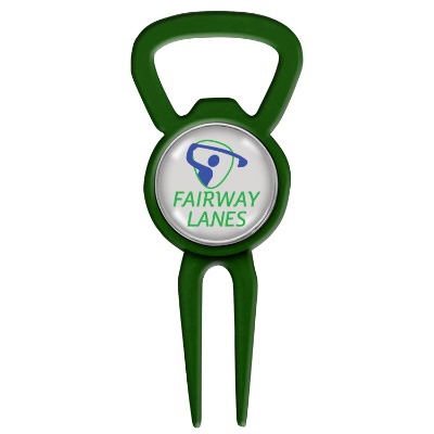 Ball marker bottle opening golf tool with full color custom promotional imprint. 