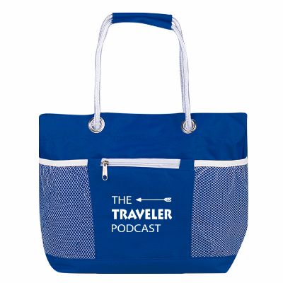 Nylon royal blue durable rope-a-tote bag with promotional logo.