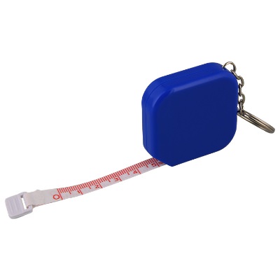 Plastic, metal and PVC blue vinyl tape measure keychain blank.