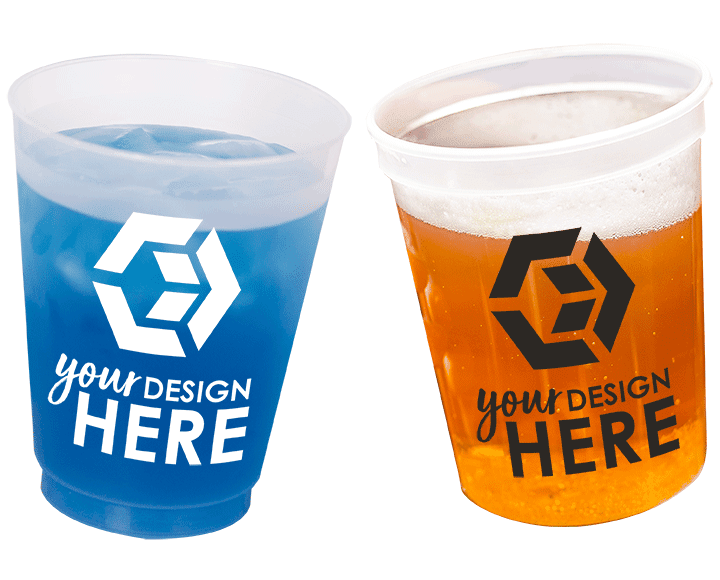 Frosted plastic cup with white imprint and translucent stadium cup with black imprint