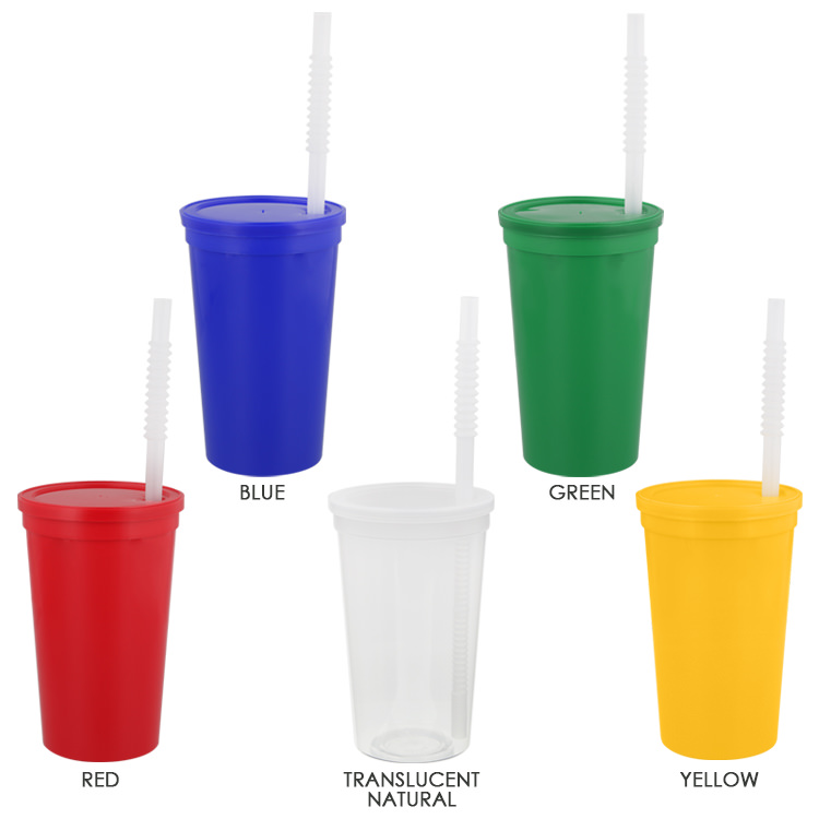 Plastic stadium cup with lid and straw in 22 ounces.