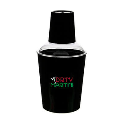 Acrylic black cocktail shaker with custom full-color logo in 12 ounces.