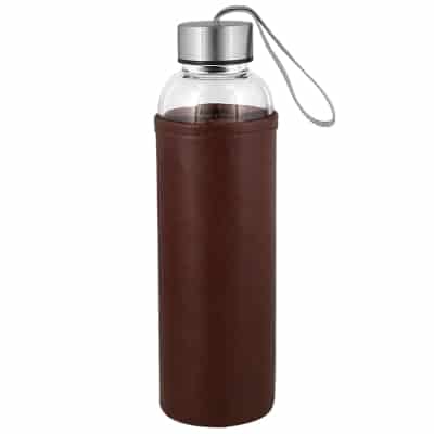Glass water bottle and brown leather sleeve blank in 18 ounces.