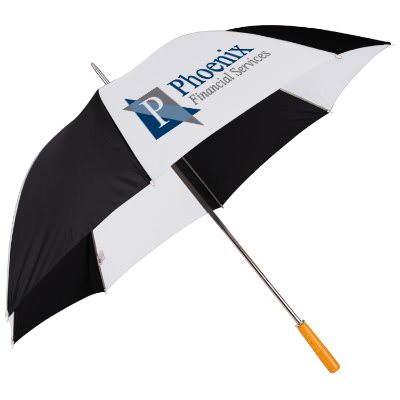 Full color logo on 60 inch white and black golf panel umbrella.